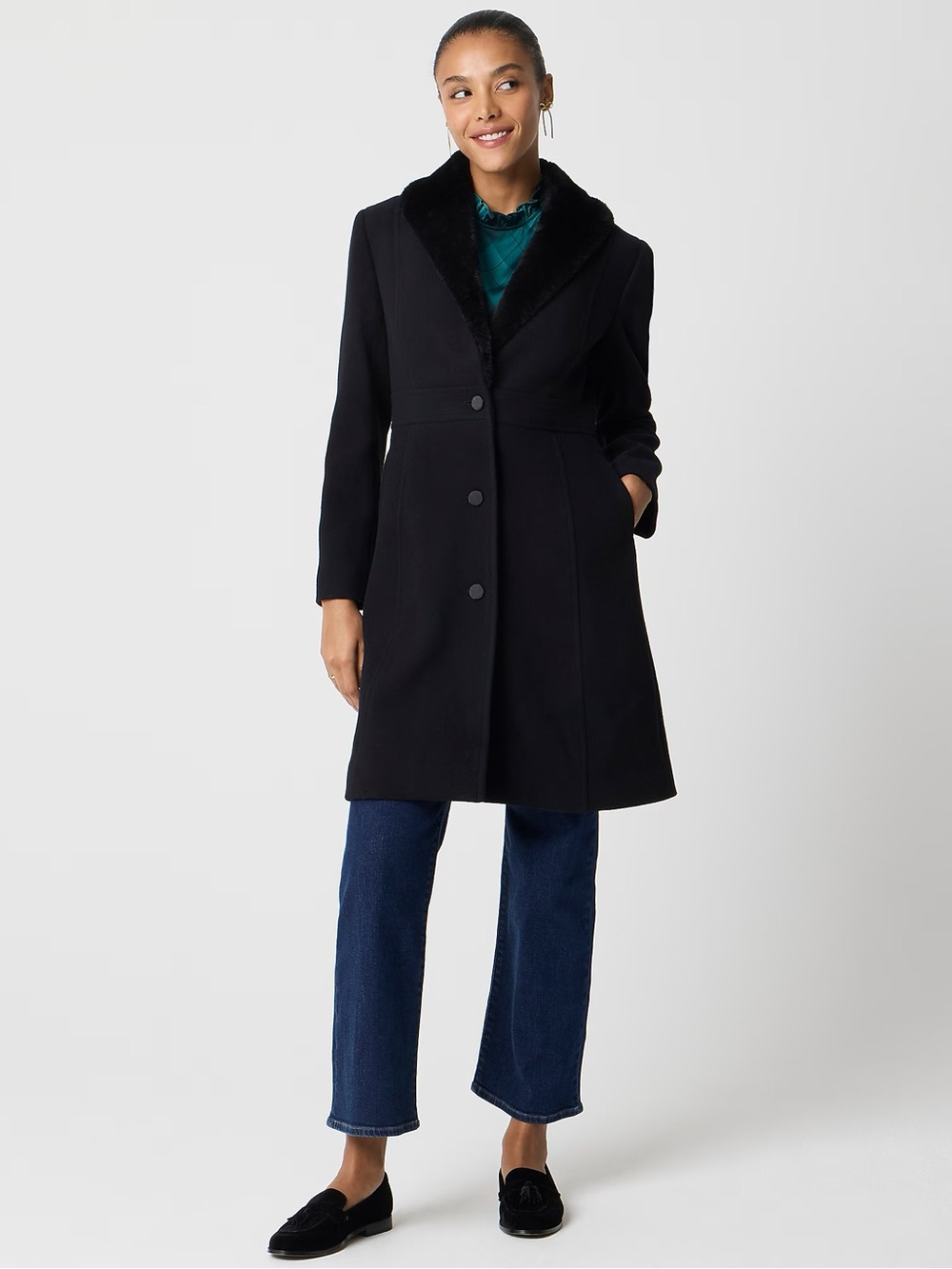 J Crew Factory Lady Day Wool Blend Faux Fur Shawl Collar Coat black CO099 12 NWT